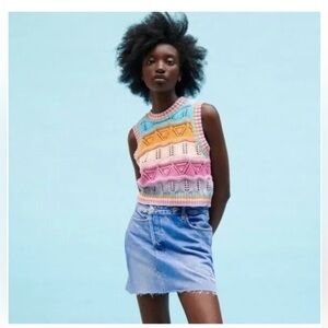 NWOT Zara | Multicolor Stripe Crochet Open Knit Cropped Sleeveless Top Small